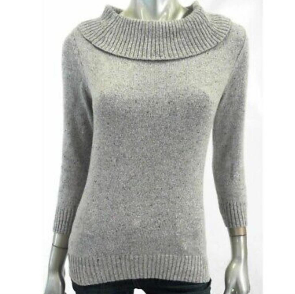 Charter Club Women's Silver Grey Cowl Neck Pullover Sweater 3/4 Sleeve, Sz L